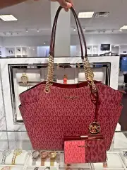 Michael Kors Large Chain Tote Handbag Purse Bag+Bifold Zip Coin Wallet - Oxblood