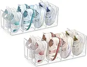 Cyanmor Clear Acrylic Kids Shoe Rack, 2 Piece Shoe Organizer with Clear Dividers Kids Small Shoe Rack 4 Sections Stackable Shoe Rack Can Be Used for Desktop File Sorter Book Bag Organizer Etc