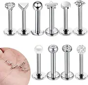 [QEXUJOW] Pack of 10 Studs, 16G Piercing Ear Helix Piercings Surgical Steel Piercing Ear Conch Piercing Nose Piercing Tragus Piercing Lip Piercing Labret Piercing Studs 6/8/10 mm for Women Men