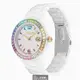 COACH手錶，編號CH00167，38mm白圓形陶瓷錶殼，白色中三針顯示， 鑽圈錶面，白陶瓷錶帶款，限量彩虹鑽圈_廠商直送