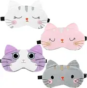 Sleep Mask for Kids 4 Pieces Cute Animal Eye Mask Soft Sleeping Eye Shade Night Sleeping Eye Mask Adjustable Elastic Sleeping Mask for Women Children Girls and Adult(Colorful Cat Style)