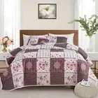 Patchwork Quilt Set King Size, 3 Pieces Brown Floral Plaid Summer Bedspread Cove