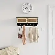 Wall-Mounted Coat Rack Black Elm Wood - Natural Rattan Floating Shelf & Oak Frame, Wall Decor, 5 Hooks, Entryway Organizer, Hanging Storage