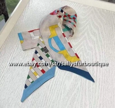 Sallys Mulberry Twill Silk Scarf Ribbon Buckels Print Hairband Necktie 85*5cm