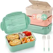 3 Pack Bento Boxes Adults/Kids 1100 ML Lunch Box Spoon Fork Containers Dining