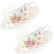 MOLUCKFU 1Set Vintage Handheld Water Mug Set Bone China Tea and Coffee Cups with Saucer Festival Friends and Family Chic Retro Design Convenient Handle