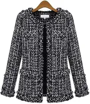 [ebossy] Women's Elegant Open Front Round Neck Fringed Plaid Tweed Jacket