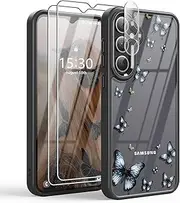 [CASBST] for Samsung Galaxy A35 5G Case with 2X Screen Protector and A Camera Lens Protector, Butterfly Pattern Shockproof Soft TPU & Hard PC Women Girls Cases for Samsung A35 - Butterfly Black
