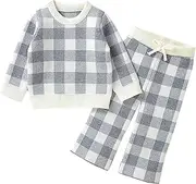 [Generic] Autumn and Winter New Baby Checkerboard Checker Knit Round Neck Top + Wide Leg Pants Pants Suit Two PC Set Baby Blanket for Girls (Grey, 12-18 Months)