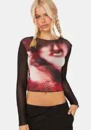 [Minga] Pixel Black Red Mesh Crop Top