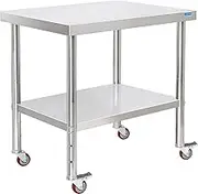 KUARBARR 2023 New Stainless Steel Table for Prep & Work with 4 Caster Wheels with Adjustable Undershelf 24 x 30 NSF Metal Commercial Kitchen Worktable for Restaurant Home Outdoor