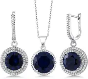[Gem Stone King] 925 Sterling Silver Round Blue Simulated Sapphire Earrings Pendant Set For Women (18.50 Cttw, with 18 Inch Chain), Sterling Silver Gemstone, simulated sapphire and zirconia
