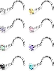 [LOYALLOOK] 8PCS Nose Rings Studs Titanium Nose Rings CZ Opal L Shaped Screw Studs Rings for Women Nose Screw Studs 18G/20G Samll Nose Stud Corkscrew Nose Rings Piercing Jewelry, 2mm