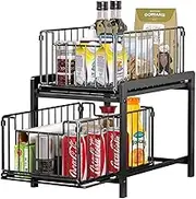 Kitchen Sink Organiser, 2 Tier Under Sink Organizer with Sliding Pull Out Drawer, Under Sink Storage for Kitchen Bathroom (Black)