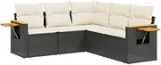 vidaXL Garden Sofa Set - Black Poly Rattan Outdoor Modular Sofa with Cushions, Storage, Acacia Armrest, and Foldable Side Table