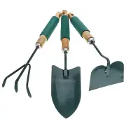 ToolTreaux Wooden Steel Handheld Garden Tools Set Rake Shovel Hoe 3 Pieces