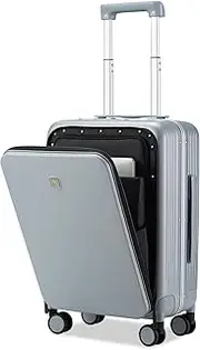 [Hanke] 20 Inch Carry On Luggage with Front Pocket Aluminum Frame Cabin Hand Luggage Hard Shell Suitcases with Wheels Luggage Travel Rolling Suitcase(Grey)