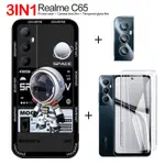 3 合 1 適用於 REALME C65 手機殼和 REALME C65 鋼化玻璃膜時尚品牌卡通機械太空宇航員殼+相機鏡