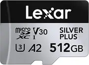Lexar Silver Plus Micro SD Card 512 GB, Up to 205 MB/s Read Speed, 150 MB/s Write Speed, Memory Card Micro SD with SD Adapter, UHS-I, A2, U3, V30, Class 10, 4K UHD microSDXC