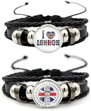 [ZENRUIMING] 2 London Travel Hand-Woven Multi-Layer Leather Bracelets, UK Flag Big Ben Iconic Architectural Souvenir
