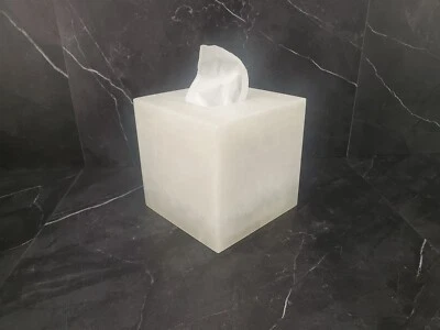 Onyx Stone Tissue Box Cover, White Transparent Bathroom Accessory, Cube