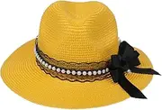 [Xiang Ru] Womens Straw Panama Hat Big Bowknot Band Adjustable Size Trilby Fedora Sun Hat Wide Brim Beach Cap UPF 50+