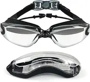 Swimming Goggles with Attached Earplugs Anti-Fog No Leaking Comfortable Electroplated Swim Goggle Blacks with Box for Adult Women Men Youth