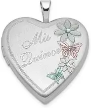 [JewelryWeb] 925 Sterling Silver Etched Polished Holds 2 photos 20mm Enameled Mis Quince Love Heart Locket