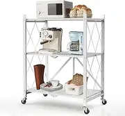 Foldable Kitchen Shelf,Portable Foldable Storage Shelf,3 Tier,Portable Storage Organizer with Wheels,Microwave Oven Shelf,Easy Setup,for Living Room, Kitchen, Dormitory