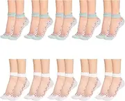 [KALIONE] 10 Pairs Mesh Lace Ankle Socks Flower Socks for Women, Summer Thin Low Cut Mesh Lace Socks, Nylon Crystal Glass Silk Boat Socks for Girls, Green, White, 12