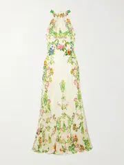 [Saloni] Saloni - Michelle Floral-print Hammered-silk Halterneck Gown - Ivory - UK 16 UK 16 Ivory
