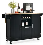 Costway Rolling Kitchen Island Cart, Buffet Serving Cart with 4-Bottle Wine Rack, Towel Bar & Spice Holder, Kitchen Storage Cabinet with Drop Leaf Rubber Wood Countertop & Lockable Casters (Black)