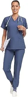 [Ninsam] Scrubs for Women Set, Classic V-Neck Top & Jogger Pants, 10 Pockets, 4-Way Stretch Women's Nurse Uniforms