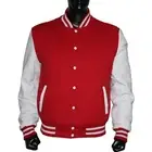 New Real Red Wool Varsity Letterman Bomber Jacket White Pure Leather Sleeves