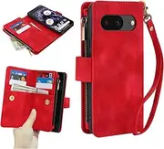 [GoshukunTech] for Google Pixel 8 5G Wallet Case with 9 Card Holders,for Pixel 8 Case Zipper Coin Pocket PU Leather Flip Cover Kickstand Protective Phone Purse with Wrist Strap-Red