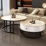 TINGTINGLI Removable combination glass coffee table, modern slate coffee table, nesting coffee table set of 2, black stand, free placement, for living room, bedroom(White+white+white,S)