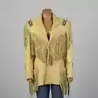 Women Yellow Beige Native American Western Real Leather Jacket Fringe & Beaded