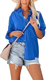 [Paintcolors] Women's Button Up Shirts Roll-Up Sleeve Cotton Blouses V Neck Casual Tunics Solid Color Tops with Pockets