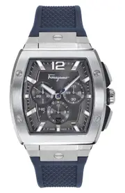 FERRAGAMO Tonneau Chronograph Silicone Strap Watch, 41.8mm in Silver at Nordstrom One Size