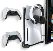 PS5 Slim Wall Mount Kit, PS5 Slim Wall Mount Stand with 2 Controller Holders and 1 Headphone Hook, Upgraded Floating PS5 Wall Mount with Screw Fixing - Black (Compatible with Disc and Digital Edition)