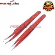 2 Pieces Straight & Curved Tip Tweezers for Eyelash Extensions Red Design Color