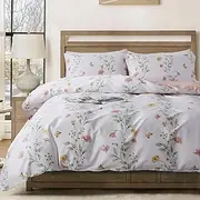 [Zusbest] Off White Floral Duvet Cover Set Queen Size 100% Cotton French Country Bedding Pink Yellow Flower Butterfly Comforter Cover Leaves Printed Reversible Bed Cover Crisp Soft All Season 3Pcs