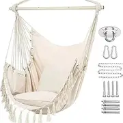 Hammock Chair Hanging Rope Swing Chair with 2 Seat Cushions & Installation Kit, Max 150Kg,Hammock Swing Hanging Chair for Bedroom Outside shanging Yard Patio Camping Garden White
