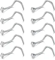 [Briana Williams] Nose Rings 10Pcs 20G Nose Screw Rings Studs Surgical Steel Nose Piercing Jewelry 2mm Clear CZ Nostril Piercing Jewelry