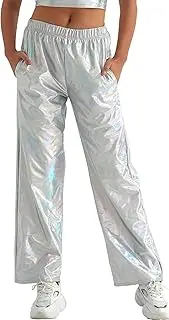[KEOYA] Women's Shiny Metallic Rave Pants Elastic High Waist Wide Leg Trousers Hip Hop Disco Jogger Sweatpants Clubwear