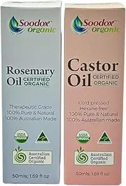 [Soodox] Certified Organic Castor & Rosemary Oil | 50mL Glass Amber Bottles | Cold Pressed, Hexane Free