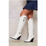 White Croc PU Point Toe High Block Heel Knee High Western Boots, White