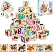 QUOKKA Wooden Blocks for Toddlers 1-3 - 35 Realistic ABC Learning Baby Blocks for Kids 3-5 Year Olds - Stacking Alphabet Wood Toys for 2-4 yo - Learn Letters Numbers