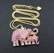 Betsey Johnson Necklace Pink Crystal Elephant Pendant Gold Tone