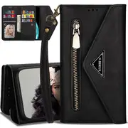Samsung Galaxy A22 5G Phone Case Wallet [Not Fit 4G] N.Bekus Leather Flip Zipper Pocket Magnetic Purse With Strap & Card Holder for Girls Women (Black)